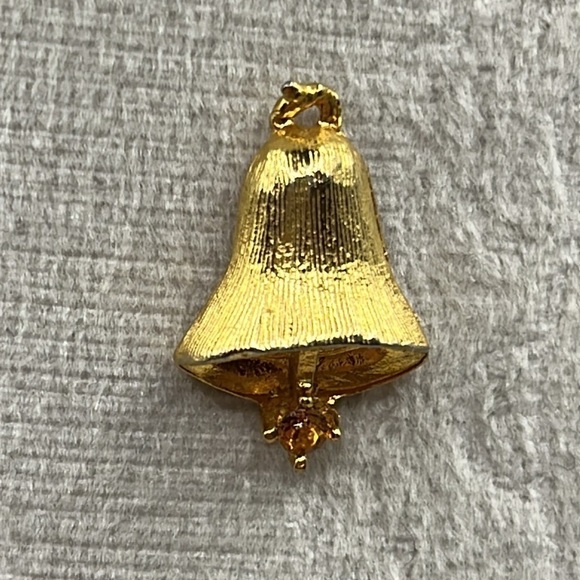 Small Gold Tone Bell With Yellow Rhinestone Collectible Pin / Lapel Bell - Picture 1 of 9
